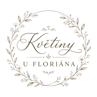 Logo Květiny u Floriána – nápis ve věnci z květin a lístků